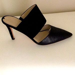 Via Spiga Black Snake Skin and Suede Mule Heels